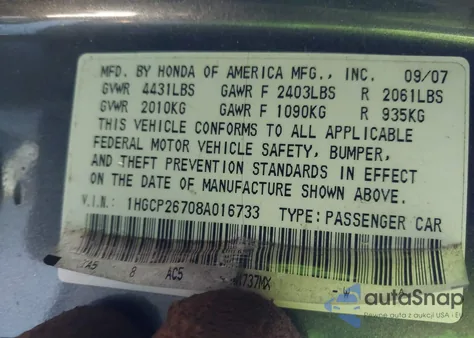 2008 Honda Accord 2.4 Ex z USA, uszkodzony, nr VIN 1HGCP26708A016733